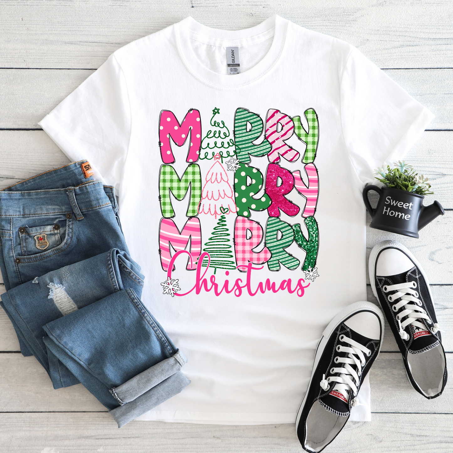 HOLIDAY VIBES - MERRY MERRY MERRY CHRISTMAS (PINK/GREEN)